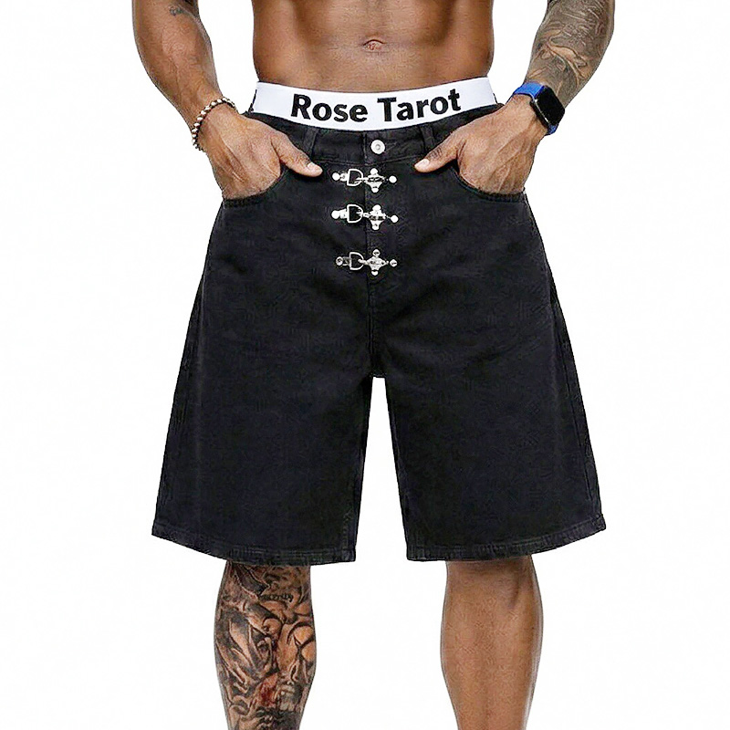 Metal Buckle Short Baggy Jeans - Street Fashion Jeans Men ulasan dan harga