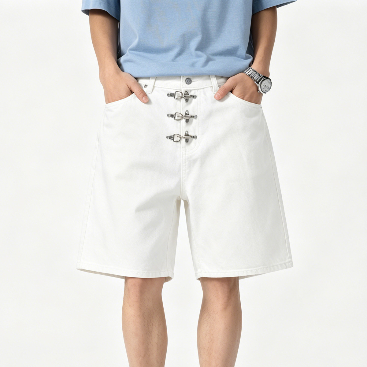 Metal Buckle Short Baggy Jeans - Street Fashion Jeans Men ulasan dan harga