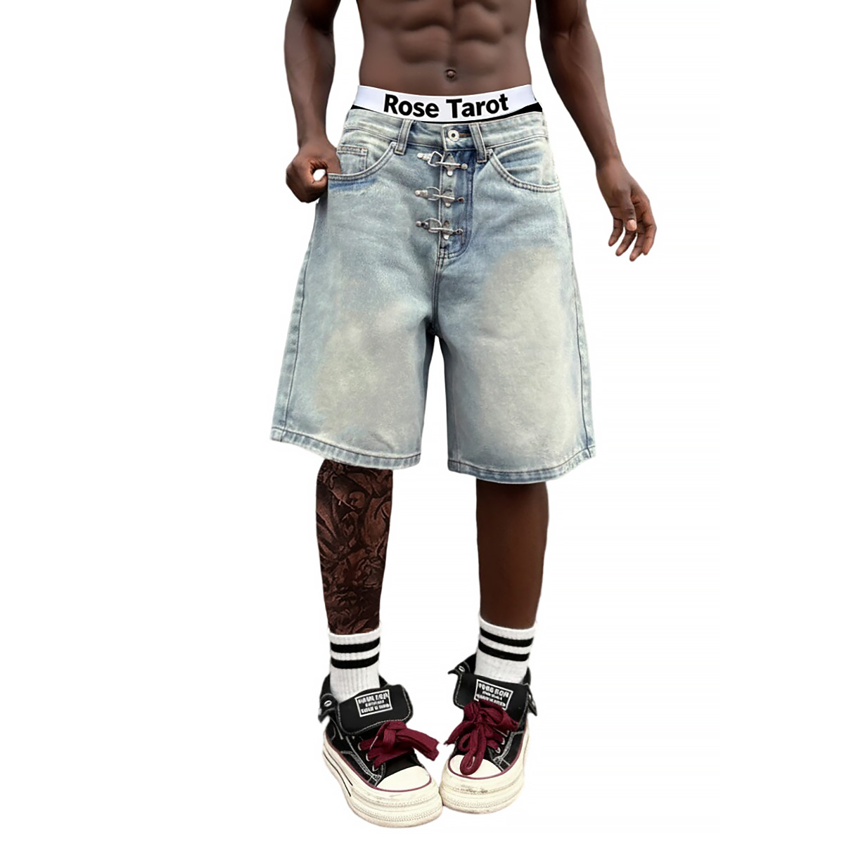 Metal Buckle Short Baggy Jeans - Street Fashion Jeans Men ulasan dan harga