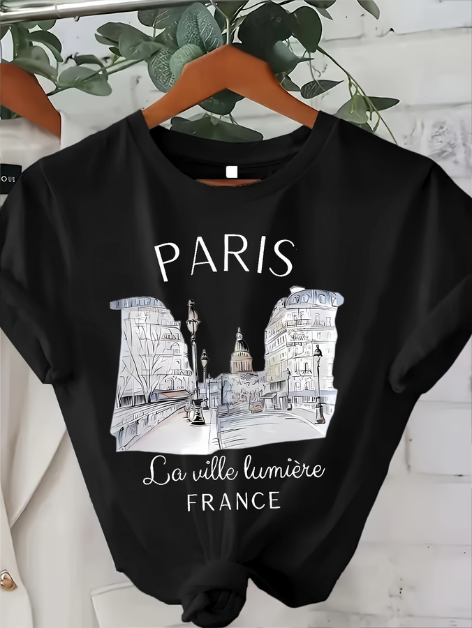 Women's Paris Print Crew Neck  - Street Fashion Paris 2025 ulasan dan harga