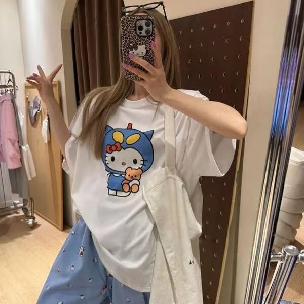 Short Sleeved Hello Kitty Prin - Street Fashion Designer ulasan dan harga