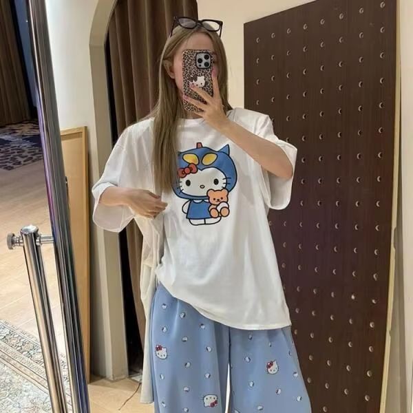 Short Sleeved Hello Kitty Prin - Street Fashion Designer ulasan dan harga