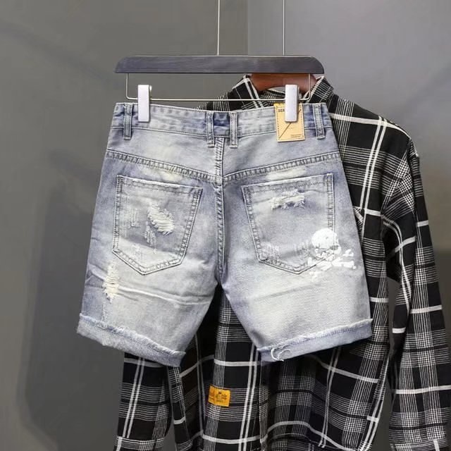 Summer Men's Worn Bead Hole Be - Street Fashion Jeans Men ulasan dan harga